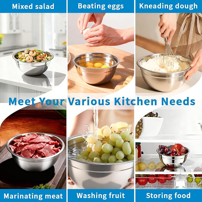 7 Pack Stainless Steel Mixing Bowls with Airtight Lids Set | 4.5qt, 4, 3.5, 2.1, 1.5, 1.1, 0.7QT, Nesting Design Metal Mixing Bowls Salad Bowl for Mixing, Prepping and Serving Food - Image 6