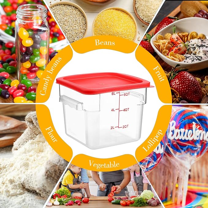 Hsei 6 Set 6 Quart Food Storage Containers with Lids & 6 Pcs Plastic Ice Scoop Square Commercial Containers with Scale for Kitchen Restaurant Freezer Cereal Rice Storage(Red) - Image 6