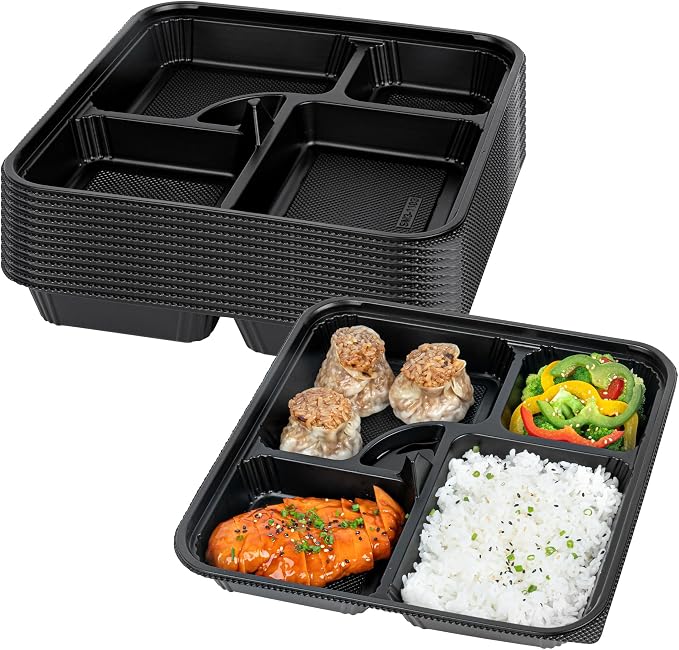 Restaurantware-Bento Tek 39.6 Ounce Meal Prep Containers, 100 Disposable To Go Food Boxes - Lids Sold Separately, 5 Compartments, Black Plastic Bento Lunch Boxes, Microwavable, Freezable by Restaurantware