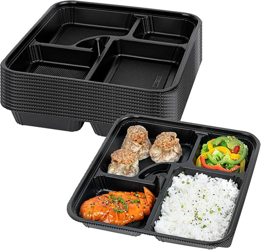 Restaurantware-Bento Tek 39.6 Ounce Meal Prep Containers, 100 Disposable To Go Food Boxes - Lids Sold Separately, 5 Compartments, Black Plastic Bento Lunch Boxes, Microwavable, Freezable by Restaurantware