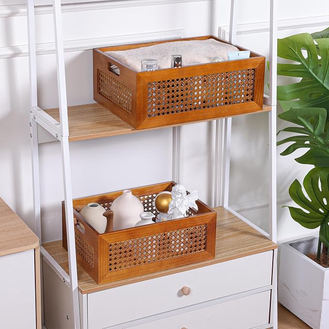 Rattan Wooden Box 14x10x6in Handmade Decorative Storage Basket with Handles | Natural Bamboo Woven Storage Basket Rustic Farmhouse Decor Home Office Tabletop Shelf Drawer Closet Desk Organizer, Brown - Image 8