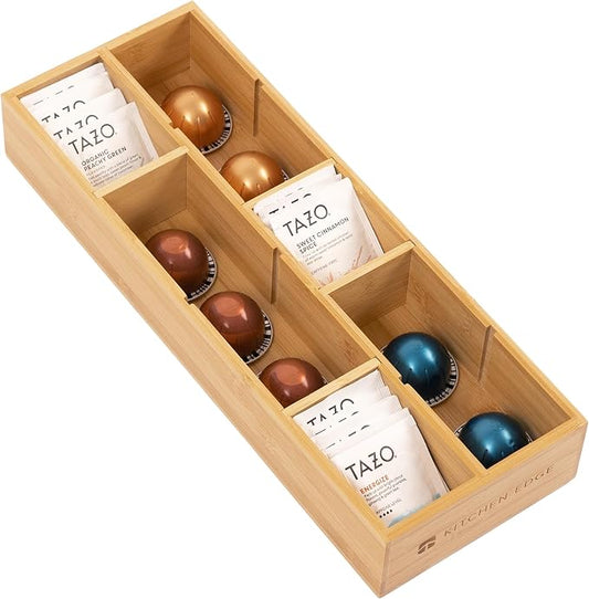Tea Bag & Coffee Pod Organizer, Small, Bamboo | 9-compartment design, removable wall inserts, non-slip feet, sustainable bamboo by KitchenEdge