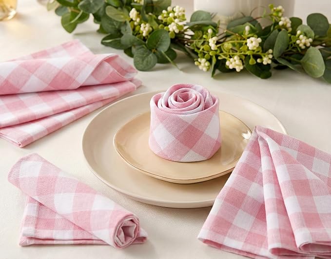 Cloth Napkins Set of 12, Reusable Dinner Napkins for Parties, Weddings, Baby Shower, Christmas Decorations, Everyday Fabric Serviettes for Dining Table, Pink White 18"x18" with Decorative Hemstitched - Image 3