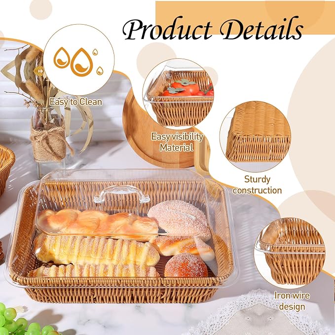 2 Set Wicker Bread Basket for Serving with Acrylic Lid Cover Imitation Rattan Bread Basket Woven for Fruit Summer Picnic BBQ Pool Party Outdoor Housewarming Gift(13.78" X 9.84") - Image 4