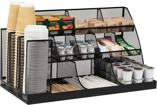 Mind Reader Cup and Condiment Station, Breakroom Countertop Organizer, 3-Tier Storage for Office Coffee Stations and Shared Spaces, Metal Mesh, Black by MindReader