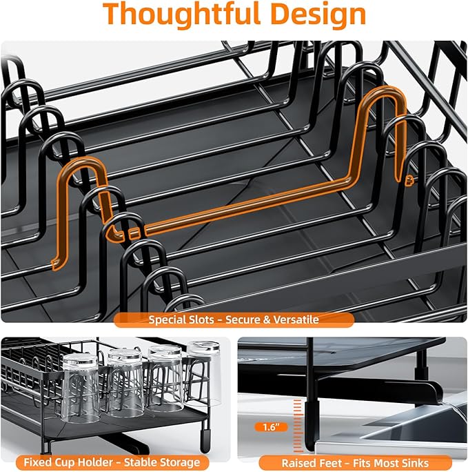 Urackify Extendable Dish Drying Rack, 18.5"-26.7" L x 12.7" W, Black | Multifunctional large dish rack with cup holder and built-in cutlery holder for versatile drying needs - Image 3