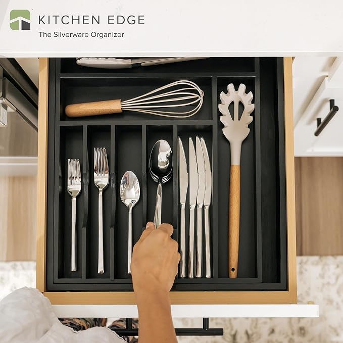 Silverware & Utensil Drawer Organizer, 14.5-25 in, Black Bamboo | Cutlery, flatware, food-safe contract grade, kitchen drawer fit - Image 2