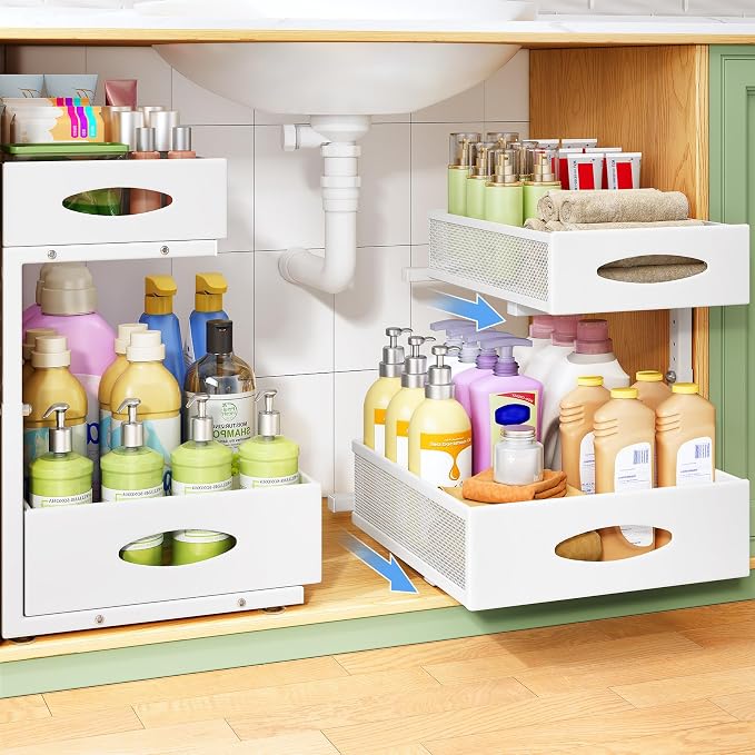 Under Sink Organizer, 1-Pack Pull Out Cabinet Organizer 2 Tier Metal Slide Out Storage Shelf Rack, L-Shaped Adjustable Height,Mesh Sliding Drawer for Kitchen, Bathroom, Laundry, Pantry, White, XL by Kitstorack