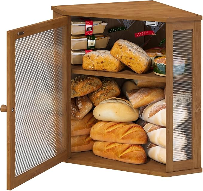 viewcare Corner Bread Box for Kitchen Counter, Bamboo Wood Large Capacity Bread Storage Bin with Acrylic Wavy Door Panel (Brown, Extra Large) - Image 9