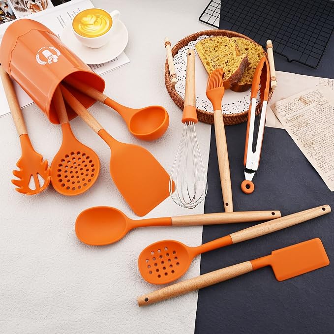 JASHII Orange Silicone Kitchen Utensils Set Orange Rubber Spatulas with Wooden Handle, Silicone Cooking Utensils with Holder, Heat Resistant for Nonstick Cookware - Image 3