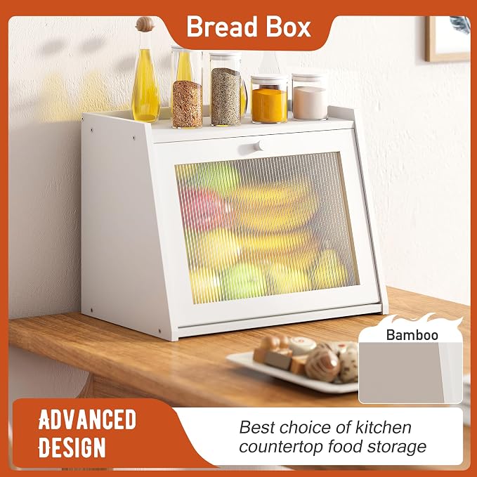 GHWIE Large Bread Box, Easy Access & Cleaning - Bamboo Bread Box for Kitchen Countertop with Acrylic Door (White, Large) - Image 2
