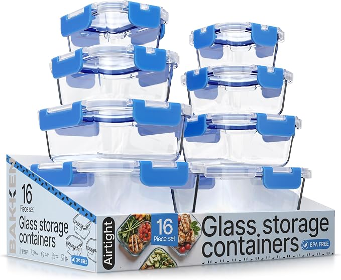 Bakken Borosilicate Glass Food Storage Containers with Lids 16 Pieces, BPA-Free Stackable Lunch & Leftover Containers, Microwave, Freezer & Dishwasher Safe, 100% Airtight Leak-Proof, Blue by BAKK%C3%8BNMASTER