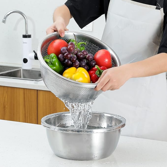 Paoli 304 Stainless Steel Fine Mesh Colander Set, 2QT Large Capacity Strainer with Mixing Bowl — Rinse Fruits, Veggies, Rice & Drain Pasta, Dishwasher Safe (2-Piece) - Image 3