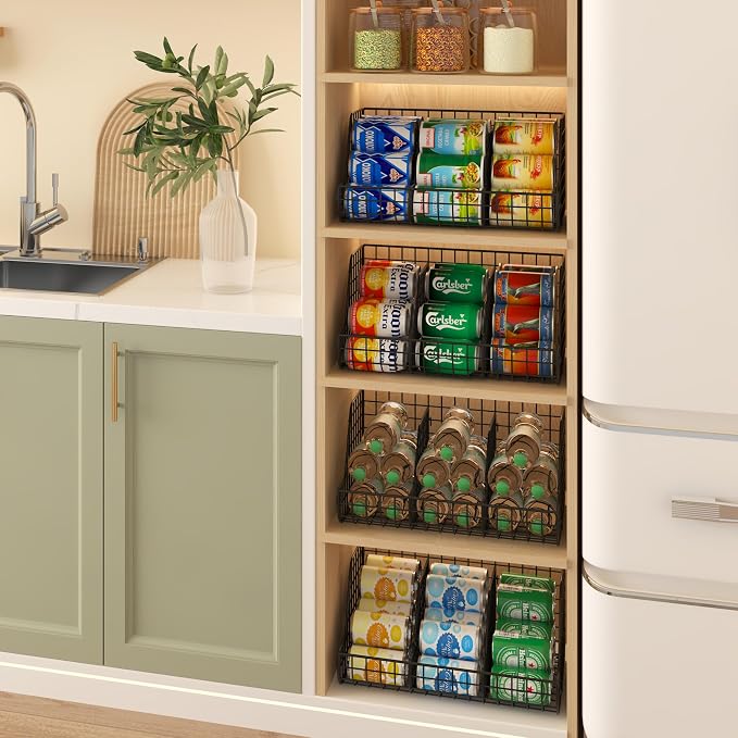 2-Tier Stackable Can Organizer for Pantry Shelves, 2 Pack Soda Can Organizer with 4 Adjustable Dividers, Kitchen Can Storage Organizer, Wire Drink Organizer, Metal Can Dispenser for Cabinets Shelf - Image 4
