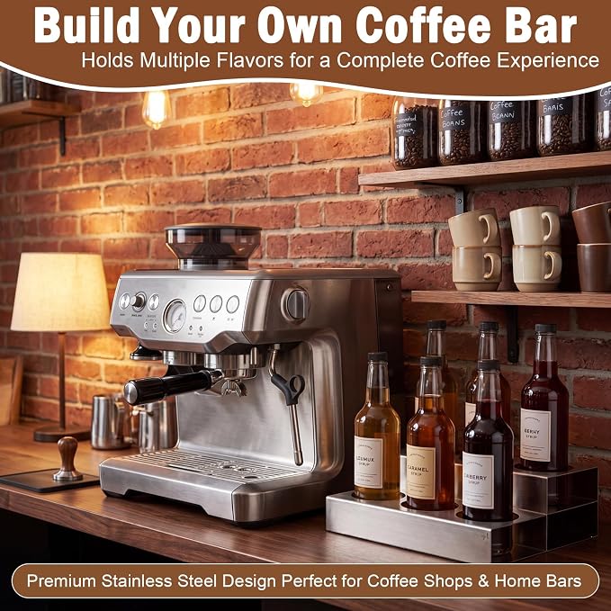 Novabright 2 Tier Coffee Syrup Rack Organizer, Stainless Steel Syrup Bottle Holder for Coffee Bar, 6 Bottle Commercial Rack for Cafe Countertop, Cafe Station Storage Organizer, 10" D x 12" W x 4" H - Image 2