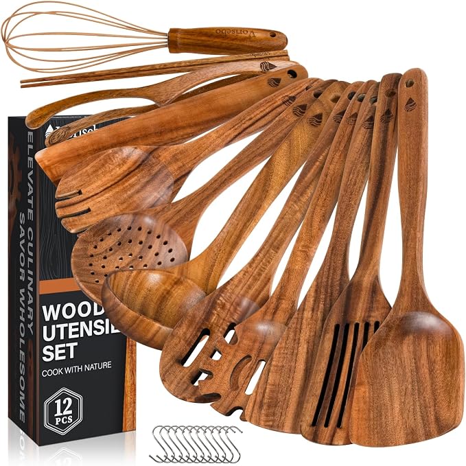 12 Pcs Teak Wooden Utensils Set, Wooden Cooking Utensil with Tong | Non-Toxic & Nonstick Safe Kitchen Utensil, Durable Comfort Grip， Heat Resistant Wood Cookware with Hooks by Vorisebo