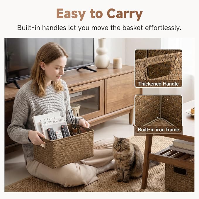 StorageWorks Large Wicker Baskets for Storage, Woven Baskets for Shelves | Seagrass, Pantry, Laundry, Bathroom, Kitchen Closet, Table, Decorative, Book, Towel, Magazine, Toy, Food, Rattan, Medium, Big - Image 4