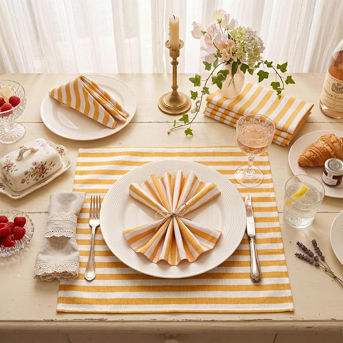 Funnymoom 12 Pcs Yellow Striped Cloth Napkins Reusable Napkins Party Dinner Soft Absorbent for Home Table Decoration Holiday Party Kitchen Supplies - Image 2