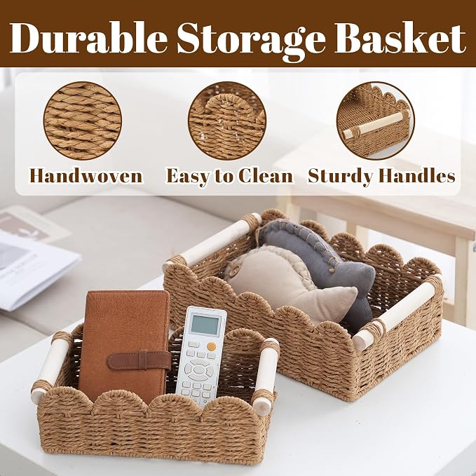 Wicker Storage Baskets, Scalloped Shelf Baskets, 2-Pack | 2 scalloped wicker baskets in large and small sizes; decorative shelf organizers with handles for bathroom and home storage. - Image 4