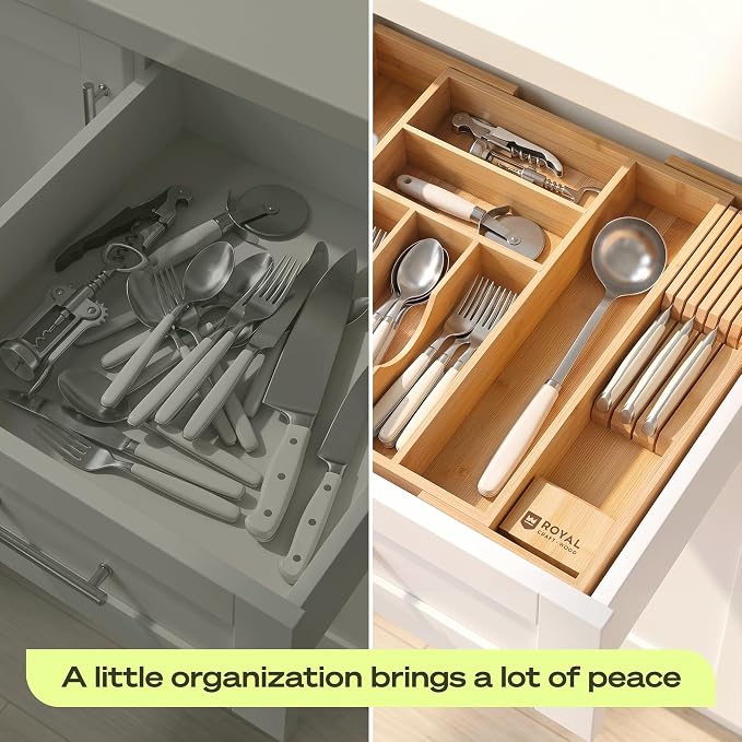 Drawer Organizer for Kitchen Organization – Expandable Bamboo Silverware Drawer Organizer with Removable Knife Block, Bamboo Cutlery, Non-Slip Utensil Organizer with 7-Slot Knife Storage for Flatware - Image 10