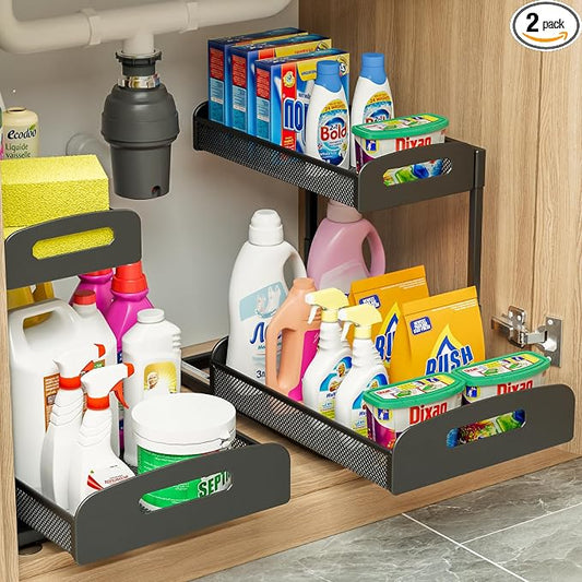 2 Pack Under Sink Organizer, 2 Tier Height Adjustable Kitchen Cabinet Organizer, Pull Out Metal Cabinet Shelf Organizer, Under the Sink Organizers and Storage for Kitchen & Bathroom, Black by YASONIC
