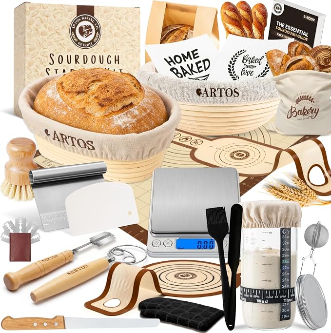 ARTOS ULTIMATE Sourdough Starter Kit | Banneton Bread Proofing Baskets with Bread Making Tools | Sourdough Bread Baking Supplies with Silicone Slings, Mat, Whisk, Scrapers Lame, Jar, Scale & Many More by AuraVille
