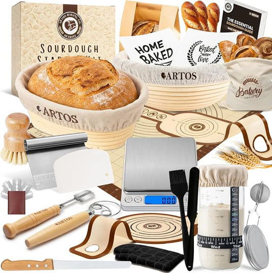 ARTOS ULTIMATE Sourdough Starter Kit | Banneton Bread Proofing Baskets with Bread Making Tools | Sourdough Bread Baking Supplies with Silicone Slings, Mat, Whisk, Scrapers Lame, Jar, Scale & Many More by AuraVille