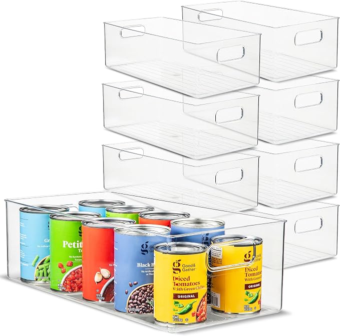 Plastic Food Storage 8 Pack Clear Container Bin with Handles for Organizing Kitchen, Pantry, Refrigerator, Freezer, Pantry, Cabinet, Closet, Bathroom. 16”x8”x5” by primebox