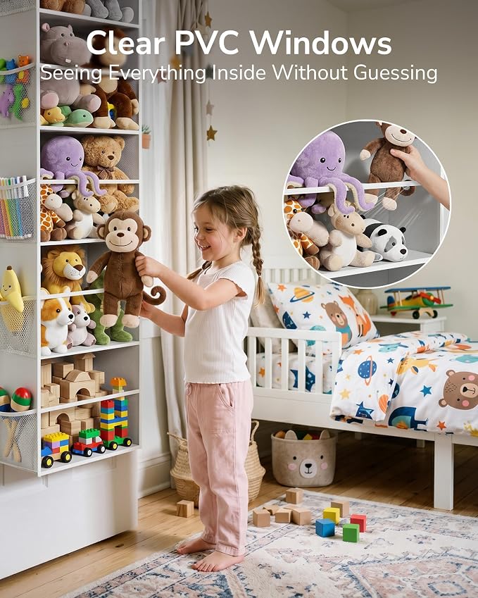 ULG Stuffed Animal Organizer Over the Door, Large Hanging Plush Toy Storage with Mesh Window, Cotton Kids Toy Organizer for Bedroom, Nursery, Playroom & Baby Items Clear Grey - Image 3