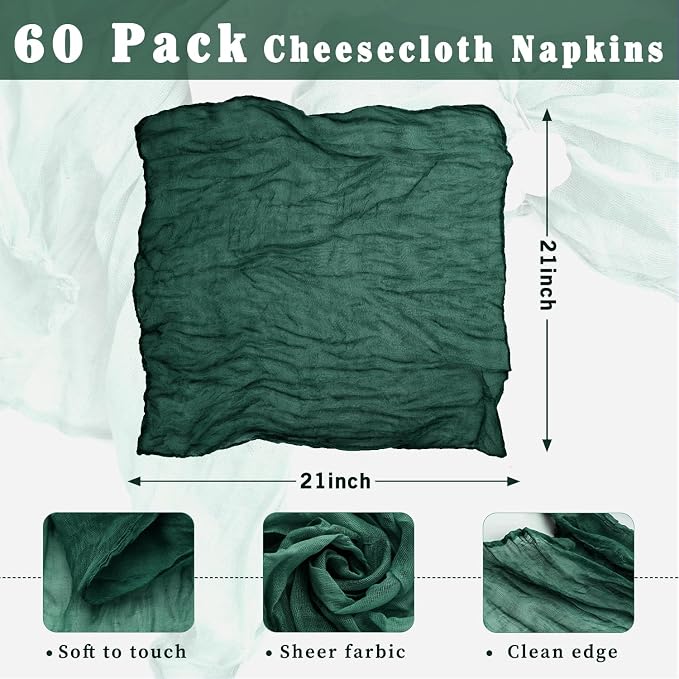 60 Pack Emerald Green Cheesecloth Napkins Washable 21x21 Inches Emerald Green Cloth Napkins for Wedding Set of 60 Dinner Table Napkins Bridal Baby Shower Rustic Boho Cotton Gauze Party Table Decor - Image 3