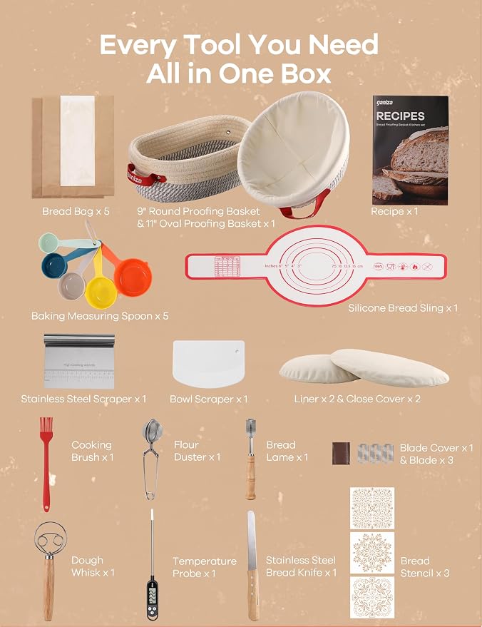 Ganiza 22-Piece Sourdough Proofing Basket Gift Set, Natural Cotton Rope | 9'' Round & 10'' Oval Banneton Basket with Liners & Covers, Easy to Clean, Sourdough Starter Kit with Recipe for Bread Baker - Image 7