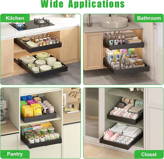 2 Pcs Pull Out Drawers for Cabinets Organizer Expandable Width(11.8"-19.4"), Depth(16.45"-21.7") With 3 Rails, No Drill Roll Out Drawer, Adhesive Sliding Drawers for Kitchen Pantry Storage (Black) - Image 6