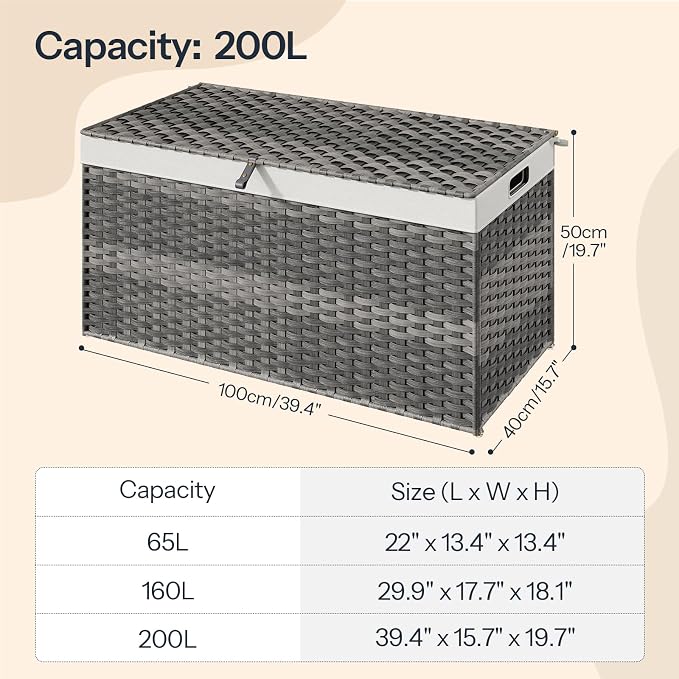 HOOBRO Storage Basket with Lid, 52.8 Gallon (200L) Wicker Basket, Handwoven Blanket Storage Basket with Handles, Metal Frame and Soft Lining, Foldable for Bedroom, Laundry Room, Gray GY220CW01 - Image 5