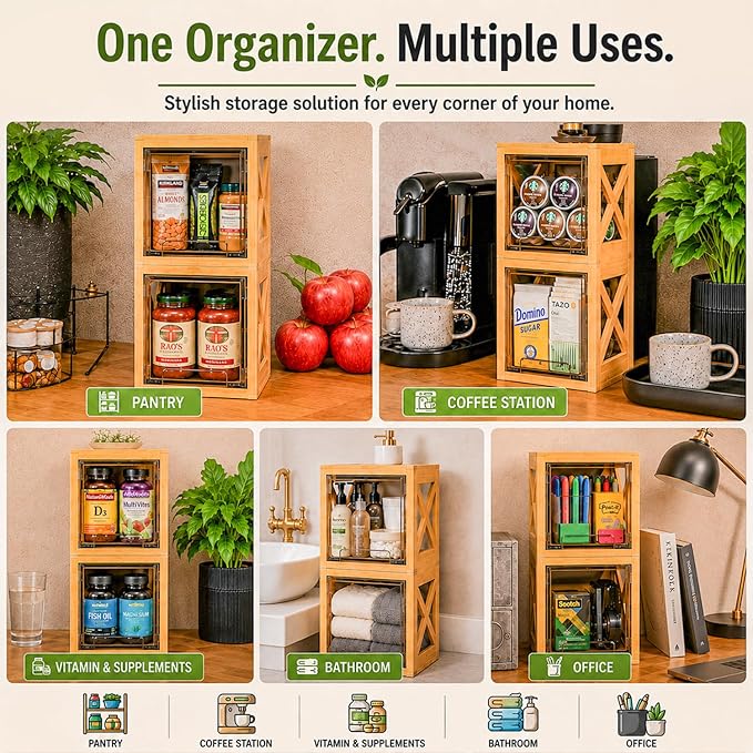 Bamboo Pantry Drawer Organizer, Stackable Pull-Out Storage Bins, 2-Pack | Countertop organizer, snack storage, coffee pod holder, pantry organization, kitchen storage - Image 7