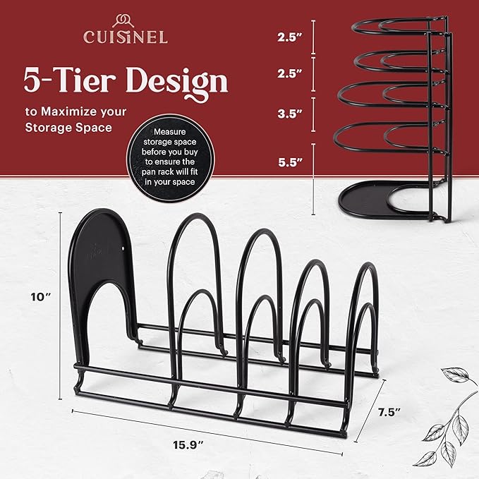 Cuisinel Pan Organizer for Cast Iron, 60-100LB, Extra Large 5-Tier Rack, Matte Black 15.9" - Image 2