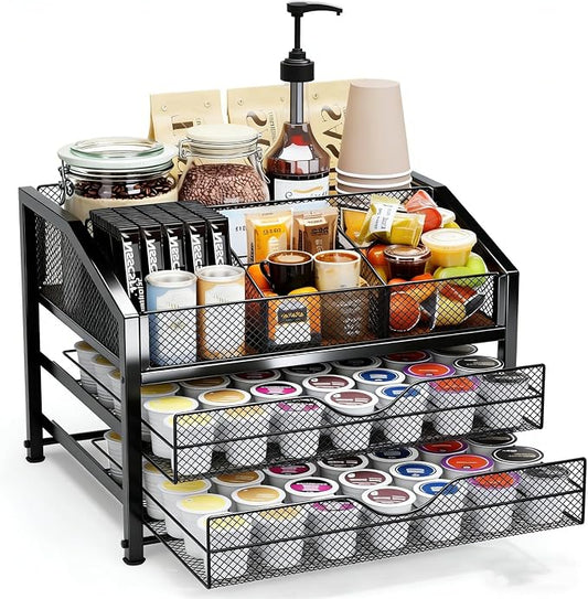 Coffee Bar Organizer - 2-Tier K-Cup & Coffee Pod Holder Stand with Dividers - Storage for Coffee Pods, K Cups, Syrup Bottles, Mugs, Creamer, Stirrers, Sugar Packets, Tea Bags by KVITTRA
