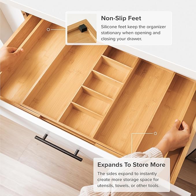 Utensil & Junk Drawer Organizer, 19-33 in, Bamboo | Food-safe contract grade, 100% sustainable wood, non-slip, adjustable - Image 5