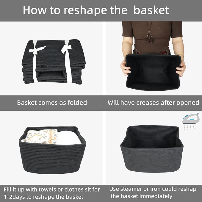 XUANGUO Woven Cotton Rope Storage Baskets 15x10x9.3" 3 Pack Black | Decorative rectangular storage baskets for shelves and closets; storage bins organize clothes, toys, books and nursery items. - Image 7