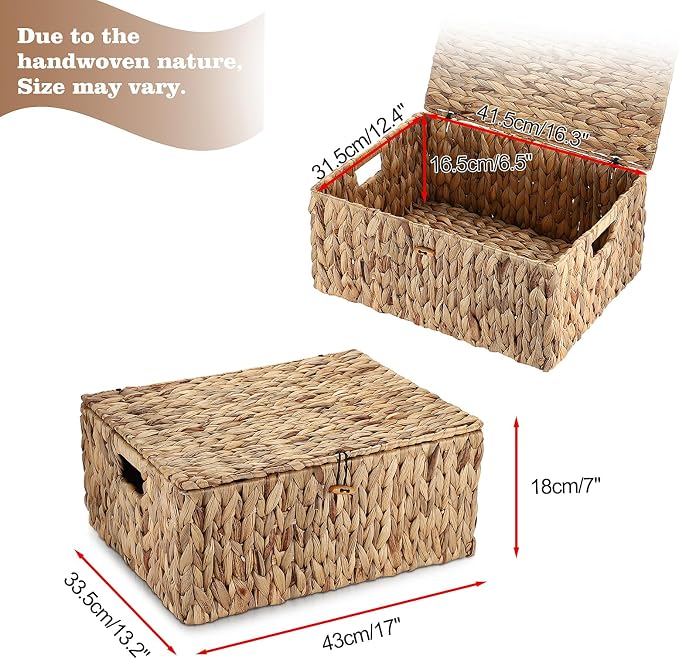 Hipiwe Handwoven Wicker Basket Natural Water Hyacinth Storage Bin with Lid | Decorative Shelf Basket with Handles for Closet Living Room Bathroom, 17.0" L x 13.2" W x 7.0" H - Image 3