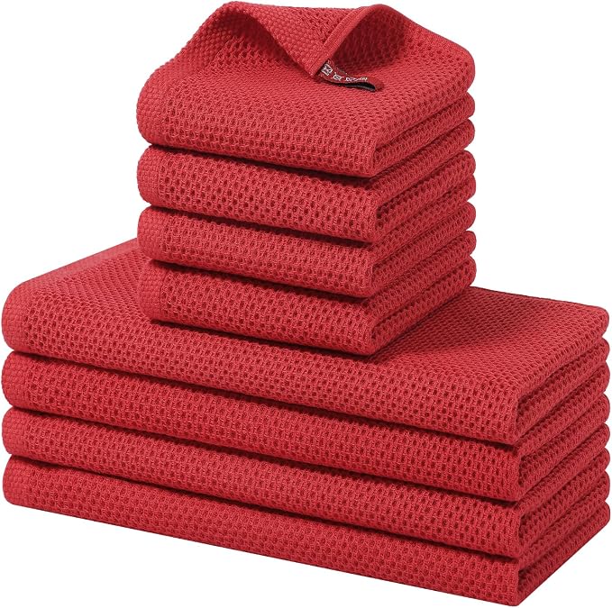 Homaxy 8 Pack 100% Cotton Kitchen Towels and Dishcloths Set, Red | 12 x 12 Inches and 13 x 28 Inches Kitchen Towels Set, Ultra Soft Absorbent Dish Cloths for Washing Dishes by Homaxy