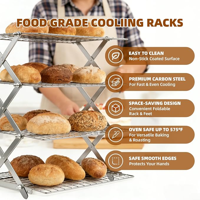 5 Tier Collapsible Cooling Rack Sourdough Cooling Rack 17"x10" | Cooling Racks for Cooking and Baking, Roasting, Grilling, Adjustable 6 Setting Design stackable, Oven & Dishwasher Safe - Image 4