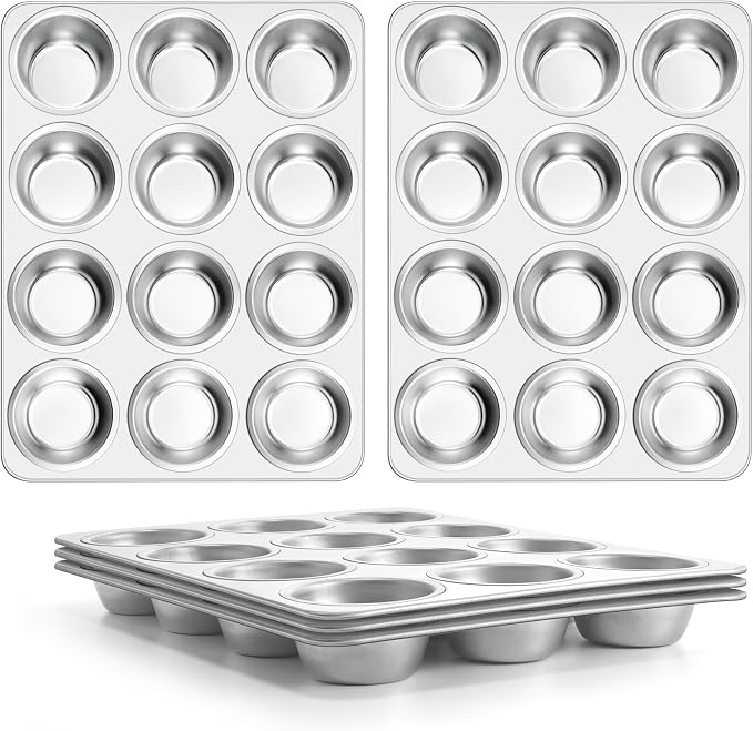 E-far Stainless Steel Muffin Pan Set of 5, 12 Cups Cupcake Pans Tins for Baking, Non-Toxic Metal Muffin Tray Molds for Small Mini Cupcake, Heavy Duty & Regular Size, Rust Free & Dishwasher Safe by E-far