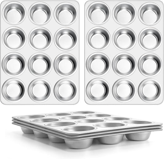 E-far Stainless Steel Muffin Pan Set of 5, 12 Cups Cupcake Pans Tins for Baking, Non-Toxic Metal Muffin Tray Molds for Small Mini Cupcake, Heavy Duty & Regular Size, Rust Free & Dishwasher Safe by E-far