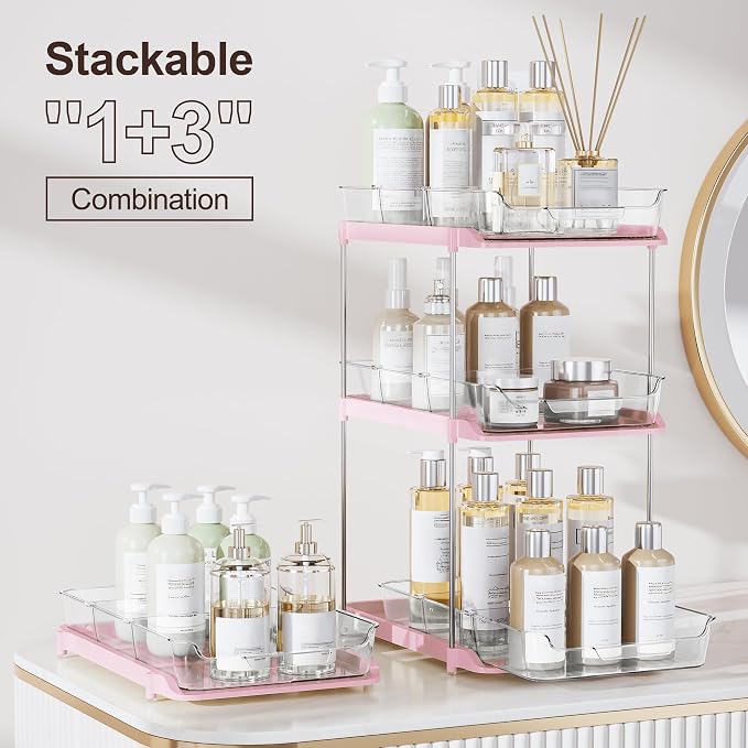 Delamu 2-Tier Multi-Purpose Bathroom Under Sink Organizers and Storage, Stackable Kitchen Pantry Organization, Pull Out Medicine Cabinet Organizer with Movable Dividers, Pink, 2 Pack - Image 3