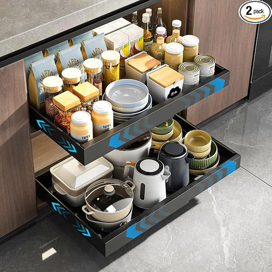 Mustorn 2 Pack Pull Out Cabinet Organizer, Expandable Slide Out Drawers for Kitchen Cabinets Peel and Stick Pullout Drawer Heavy Duty Sliding Shelves for Cupboard, Pantry, Bathroom(16.5" Deep, Black) by MUSTORN