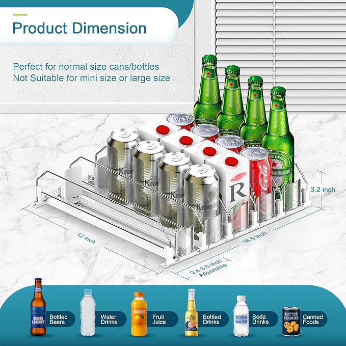 Upgraded Drink Organizer for Fridge, Space-Saving Fridge Drink Organizer, Automatic Pusher Glide and Adjustable Width Drink Dispenser for Fridge - Holds Up to 20 Cans (5 Rows White) - Image 2