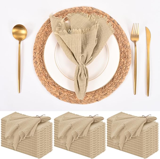 36 Pack Caramel Cloth Napkins, 16 x 16 Inch Cotton with Fringe Settings | Handmade washable reusable cotton dinner napkins in bulk for weddings, parties, rustic boho table settings by FXKS