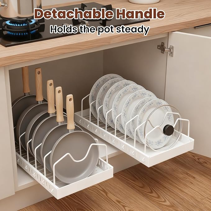 2 Pcs Pots and Pans Organizer Under Cabinet - Expandable Pull Out Cabinet Organizer for Pots and Pans, Pan and Lid Organizers Inside Cabinet, Adjustable Storage Rack, Carbon Steel (White) - Image 3