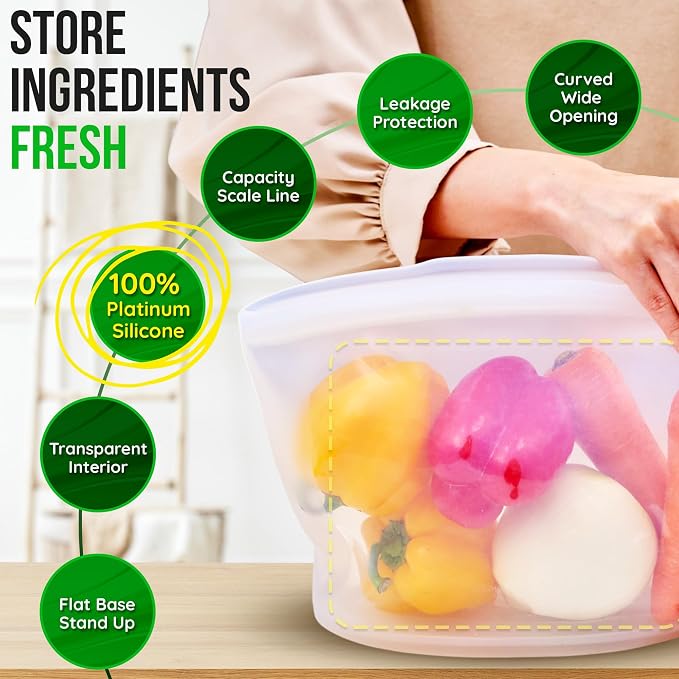 Reusable Silicone Food Storage Bag, 6 Cups, Large Container, Made in Korea BPA-Free Platinum Silicone, Triple-Airtight Freezer Bag, Microwave Safe, Sous Vide, Meal Prep, 51oz, White - Image 4