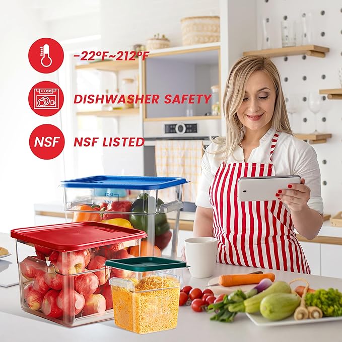 BIEAMA 4 Pack 8 Qt Square Food Storage Containers with Lids, NSF, Clear | Commercial polycarbonate containers with scale markings and handles; stackable for prep, brining, fermentation & bulk storage - Image 5